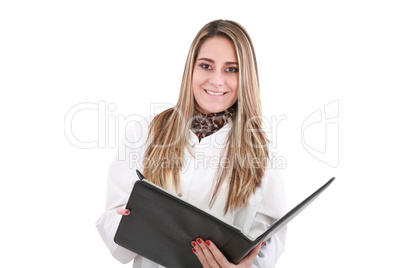 Portrait of a beautiful woman doctor. Isolated over white backgr