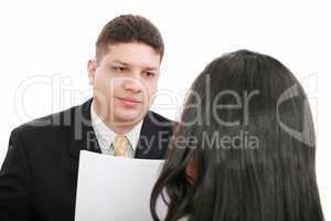 Business coaching concept. Young woman being interviewed for a j