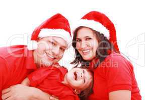 Happiness family in christmas hat isolated on white