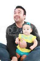 Happy and smiling baby and father. The baby 8 month old. Isolate