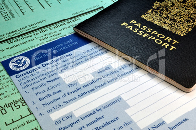 Arriving in the USA: Passport and USA Customs forms.