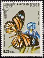 Stamp, butterfly on flower.