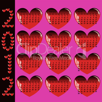 Stylish calendar with red hearts for 2012. Sundays first