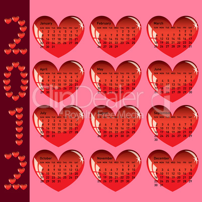 Stylish calendar with red hearts for 2012. Sundays first