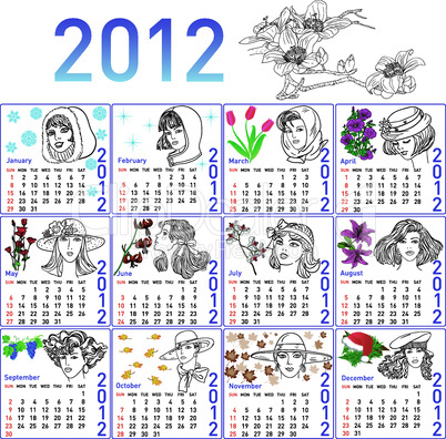 2012 year calendar in vector. Hand-drawn fashion model.