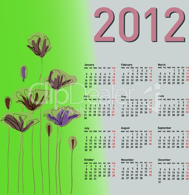 Stylish calendar with flowers for 2012. Week starts on Monday.