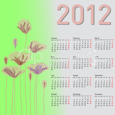 Stylish calendar with flowers for 2012. Week starts on Monday.