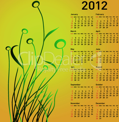 Stylish calendar with flowers for 2012. Week starts on Sunday.