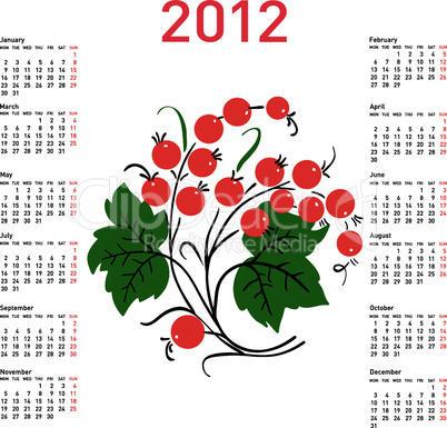 Stylish calendar with flowers for 2012. Week starts on Monday.