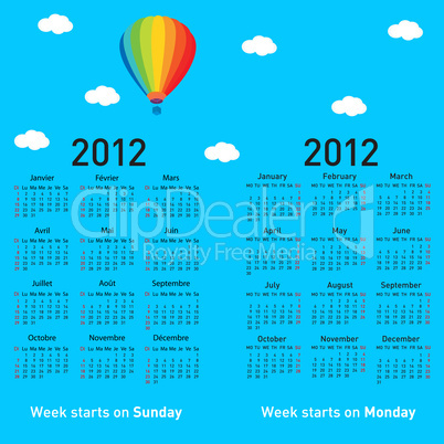 Stylish French calendar with balloon and clouds for 2012.