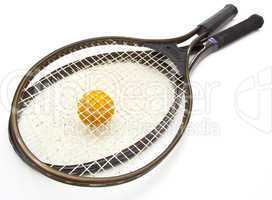 A tennis ball and racket on a white background