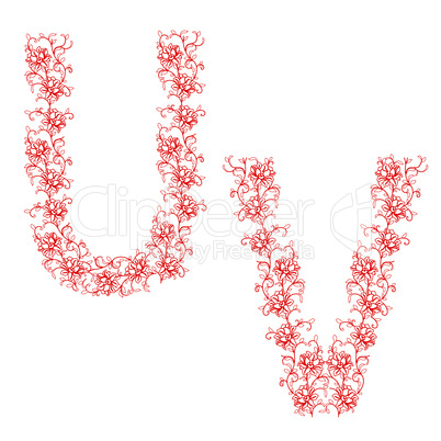 Hand drawing ornamental alphabet. Letter UV