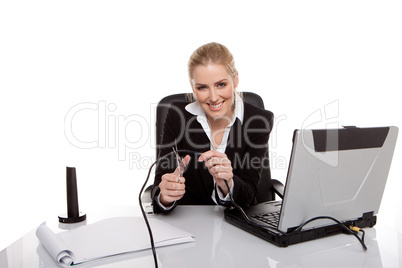 businesswoman cutting cable