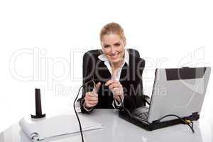 businesswoman cutting cable