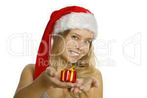 Christmas woman with gift smiling