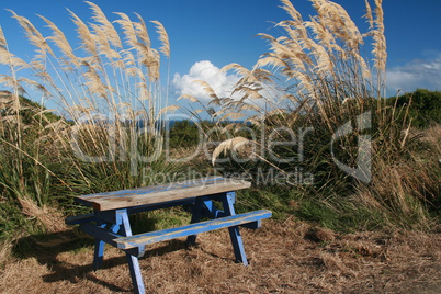blau lackierte Holzbank und Tisch