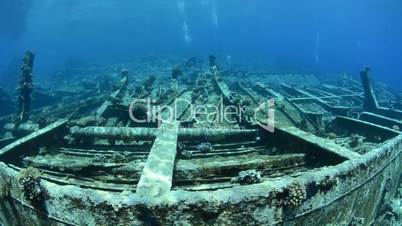 Rusty remains of a cargo vessel.