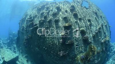 Fish eye view of the Rusty remains of a cargo vessel.