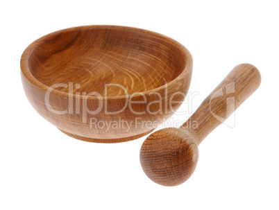 Wooden mortar on the white background