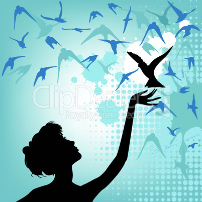 Vector female silhouette and birds