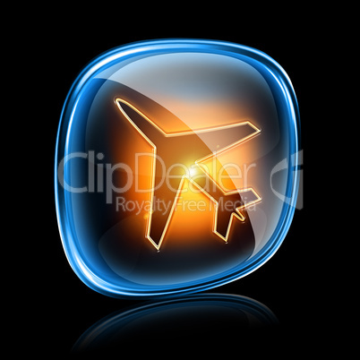 Airplane icon neon, isolated on black background.