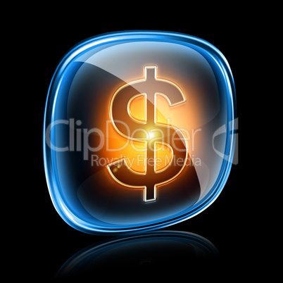 dollar icon neon, isolated on black background.