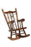 old wooden rocking chair captured with chain and padlock on white