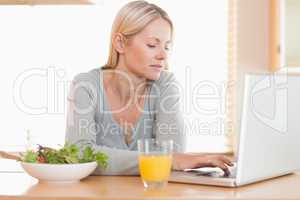 Woman having healthy lunch while working on her laptop