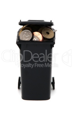 black garbage bin with european coins on white