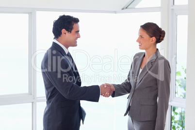 Side view of trades partner shaking hands