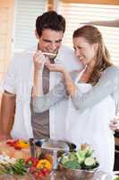Couple having fun cooking together
