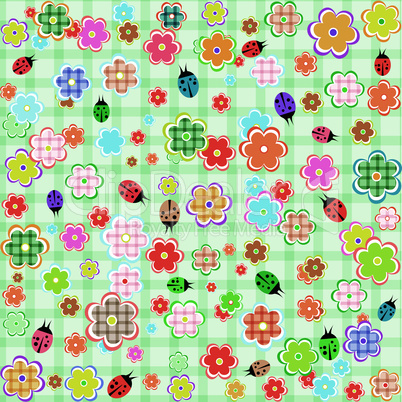 Flowers and ladybugs seamless pattern background