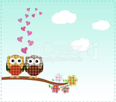 Background with owls in love sitting on branch. vector