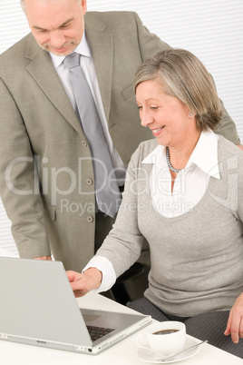 Happy senior businesspeople looking at computer