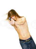 a young man aiming a gun