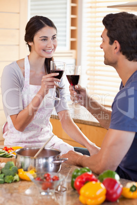 Portrait of a couple having a glass of wine while cooking