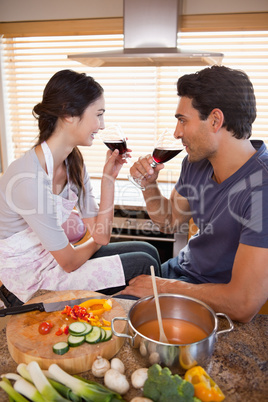 Portrait of a charming couple having a glass of wine while cooki