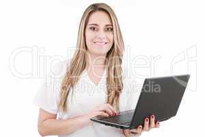 Beautiful caucasian doctor or nurse holding a laptop computer