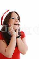 surprised christmas woman wearing a santa hat smiling isolated o