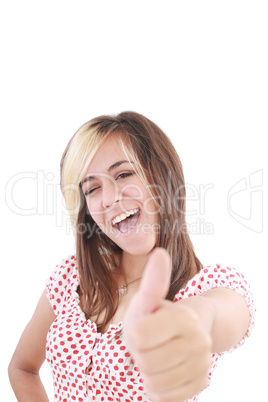Thumbs Up! Studio partrait of young business woman showing OK si