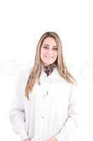 woman dentist smiling, standing over white