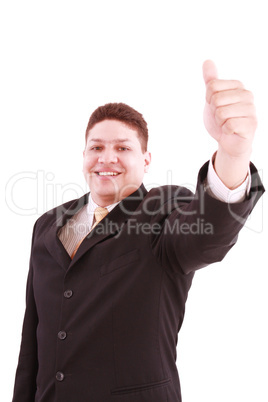 young business man going thumb up, isolated on white