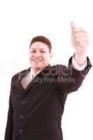 young business man going thumb up, isolated on white