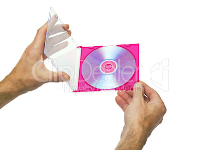 open box with a DVD in the hands of male