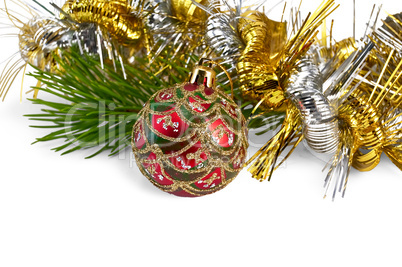 Christmas red ball with pine branch