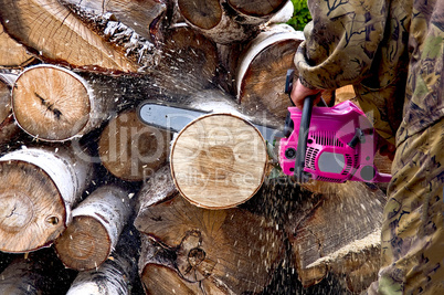 Firewood with chainsaw