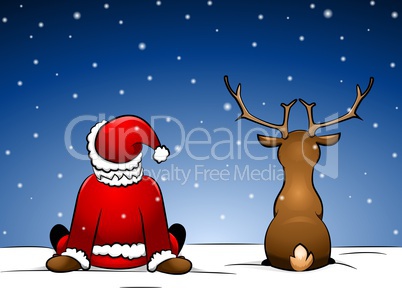 Rudolph und Santa im Schnee sitzend