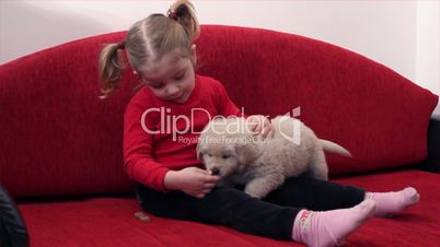 little girl feed pet dog
