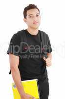 attractive boy student standing with school backpack a over whit