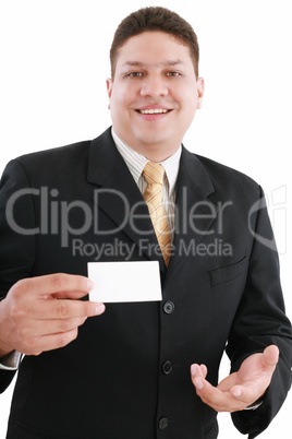 young attractive businessman shows his business card, focus in m